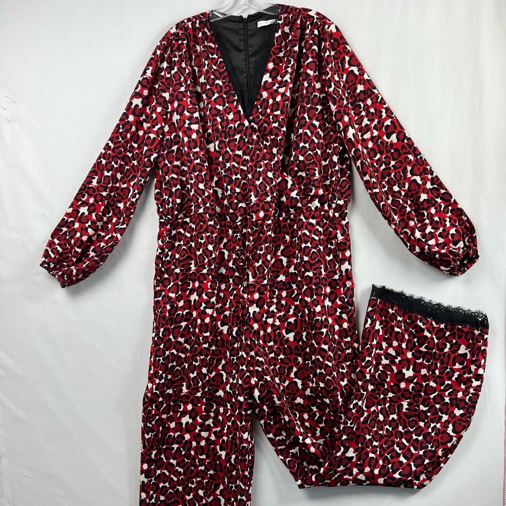 by Egreis Jumpsuit Womens Large Red Leopard V-Neck Faux Wrap Wide Leg Lace Trim